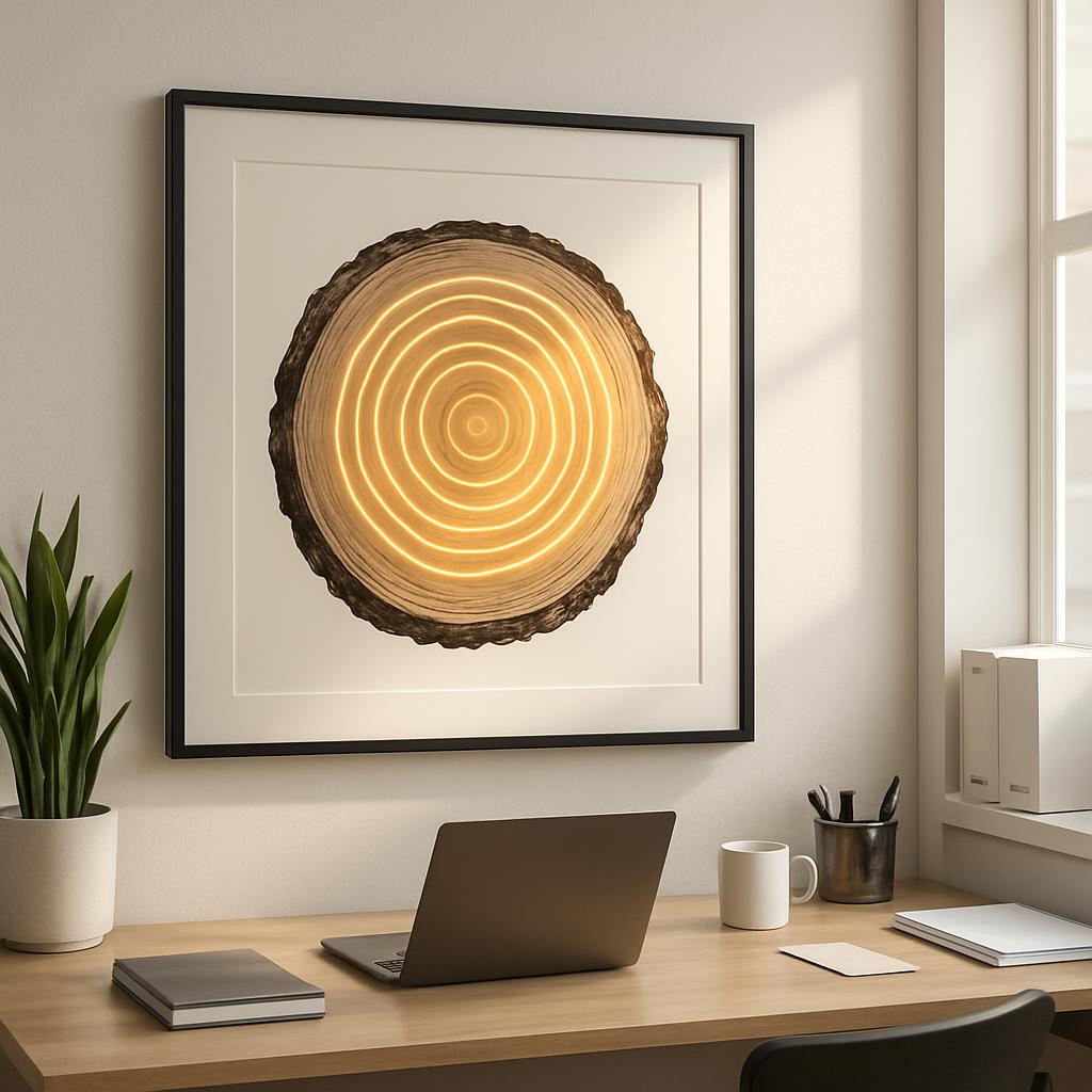"Incision of tree slice with a series of light rings formed around its core."